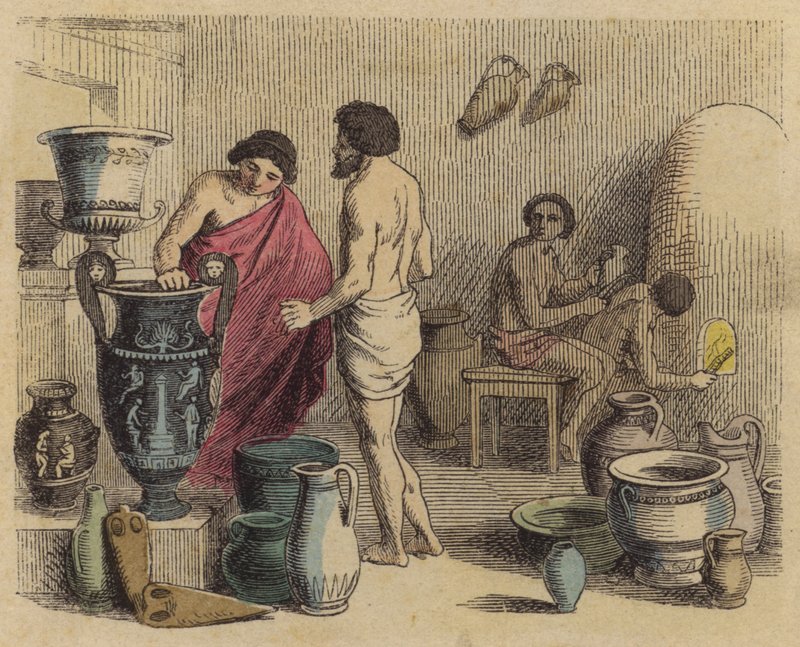 Oficina de olaria na Grécia Antiga (gravura a cores) de German School