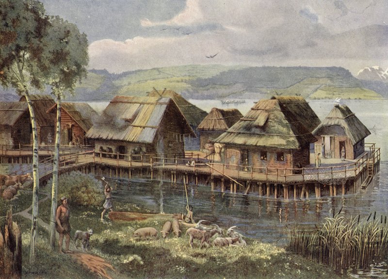 Aldeia lacustre europeia pré-histórica (litografia a cores) de German School