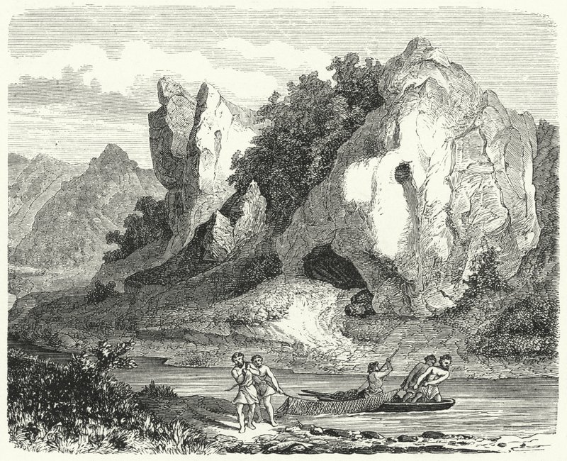 Homens pré-históricos pescando com redes (gravura) de German School