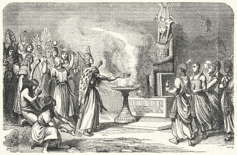 Sacerdotes fazendo um sacrifício no Antigo Egito (gravura) de German School