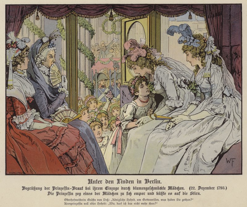A princesa Louise de Mecklenburg-Strelitz beijando uma das meninas do forro de Unter Den Linden para saudar a sua chegada a Berlim para o seu casamento com o príncipe herdeiro Frederick III da Prússia, 22 de Dezembro de 1793 (cor litho) de German School