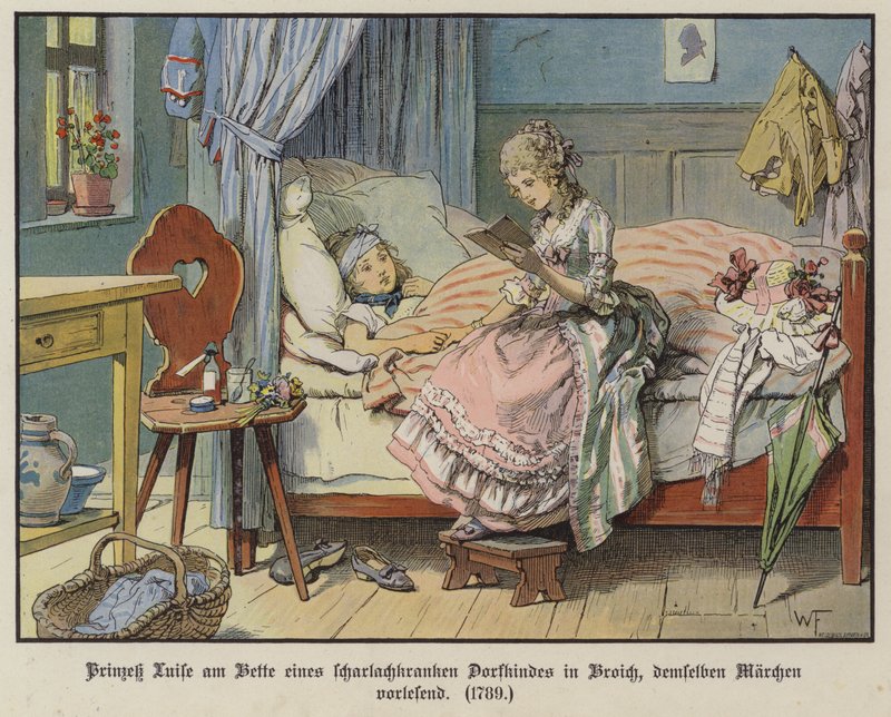 Princesa Louise de Mecklenburg-Strelitz lendo na cabeceira de uma menina doente da aldeia em Broich de German School