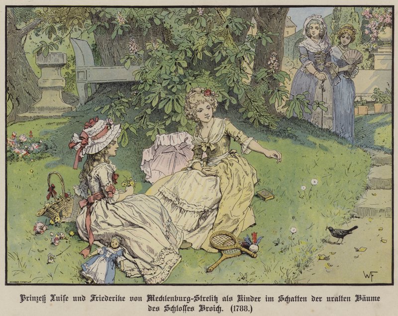 As princesas Louise e Frederike de Mecklenburg-Strelitz à sombra sob as árvores do Castelo Broich quando crianças de German School