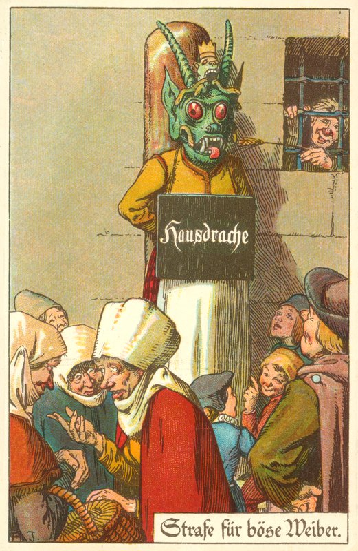 Castigo para as más esposas (litografia a cores) de German School