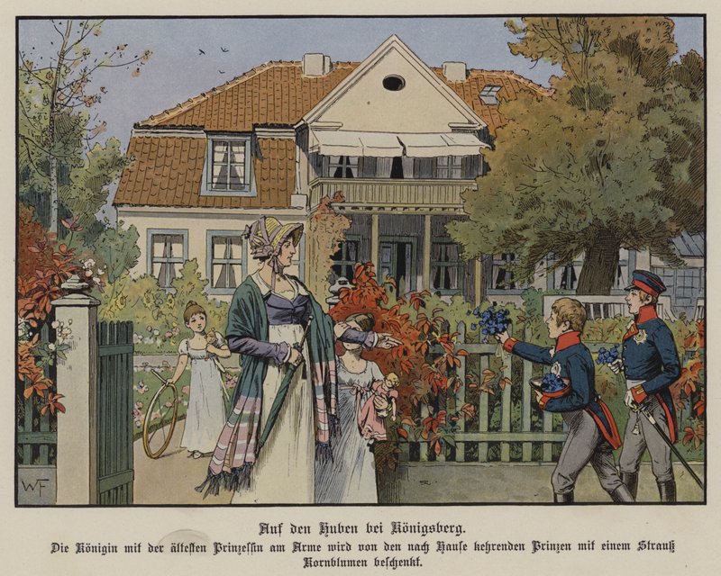 Rainha Luísa da Prússia e seus filhos em Konigsberg, na Prússia Oriental (cor litho) de German School