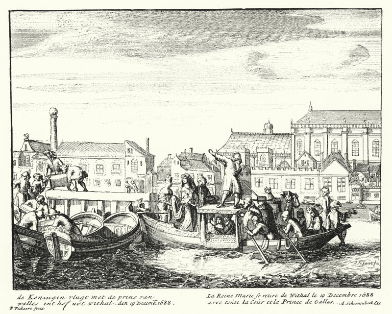 Rainha Maria, consorte do Rei James II, em fuga da Inglaterra com o Príncipe de Gales e toda a sua corte, Dezembro de 1688 (gravura) de German School
