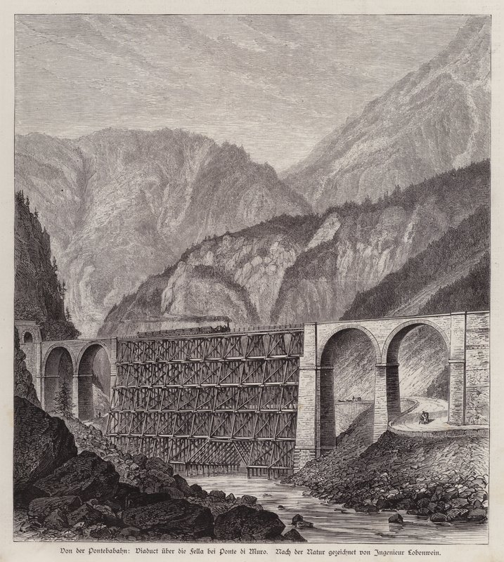 Viaduto ferroviário sobre o rio Fella em Ponte di Muro, Friuli, Itália (gravura) de German School