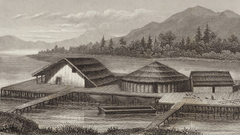 Reconstrução de uma antiga aldeia lacustre. Ilustração para Bilder-Atlas (gravura) de German School