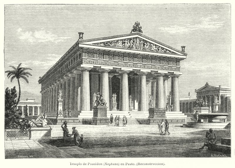 Reconstrução do Antigo Templo Grego de Poseidon, Paestum, Itália (litho) de German School