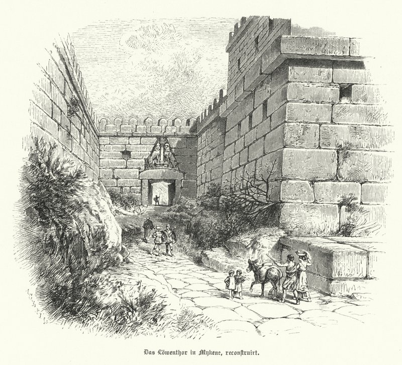 Reconstrução da Porta do Leão, entrada para a cidadela de Micenas, Grécia (gravura) de German School