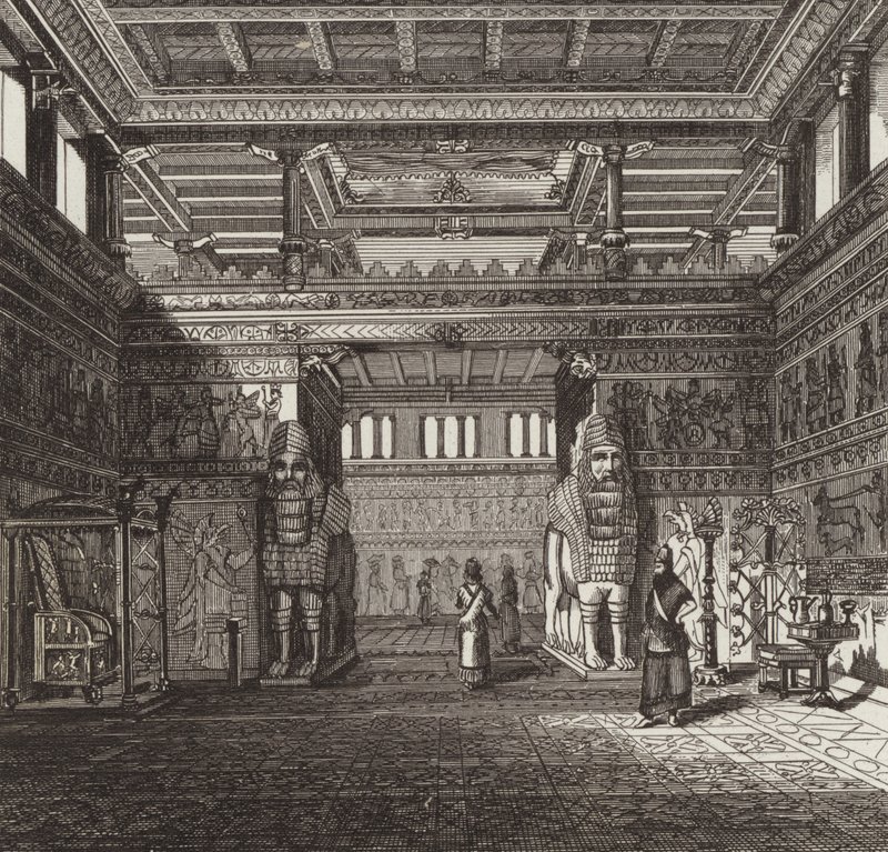 Reconstrução do salão de um rei assírio. Ilustração para Bilder-Atlas (gravura) de German School