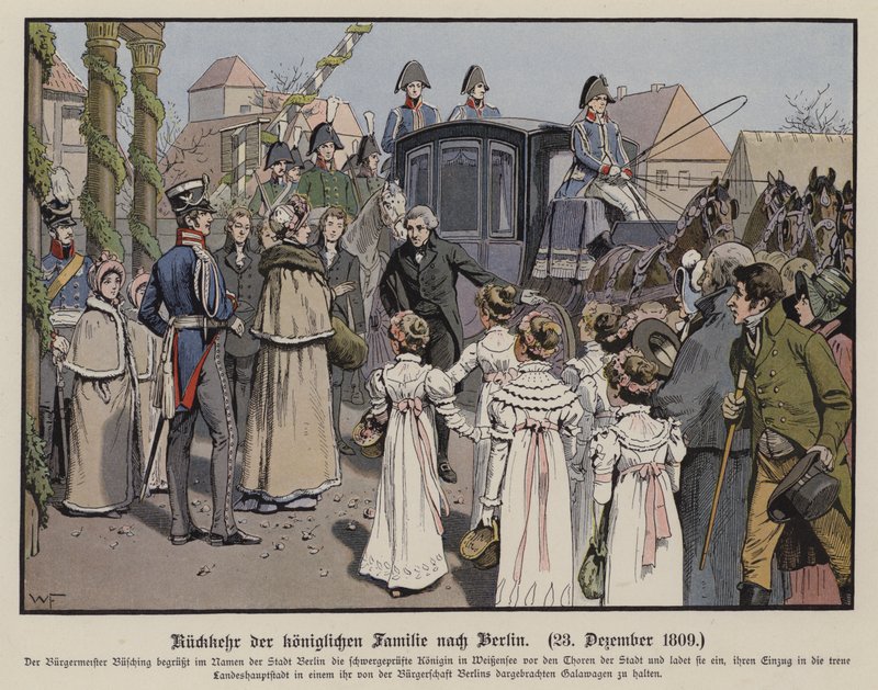 Regresso da Família Real Prussiana a Berlim, 23 de Dezembro de 1809 (cor litho) de German School