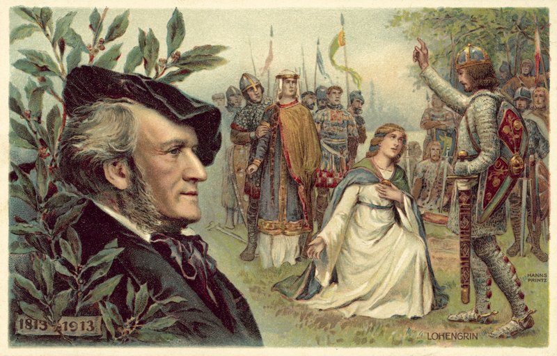 Richard Wagner e uma cena da sua ópera Lohengrin de German School