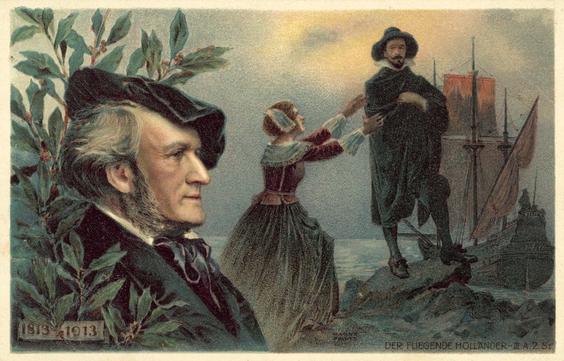 Richard Wagner e uma cena da sua ópera "O Holandês Voador". de German School