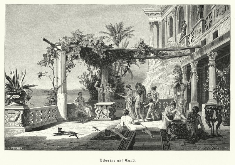 Imperador Romano Tibério na ilha de Capri (gravura) de German School