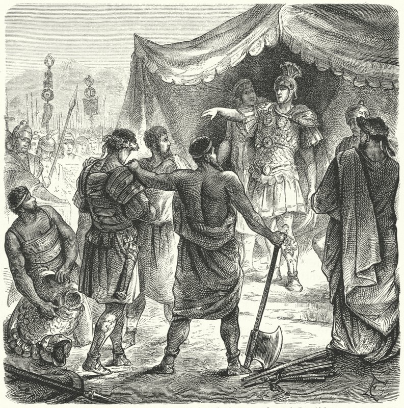 O cônsul romano Titus Manlius Torquatus condenando seu filho à morte por deixar seu posto em batalha (gravura) de German School