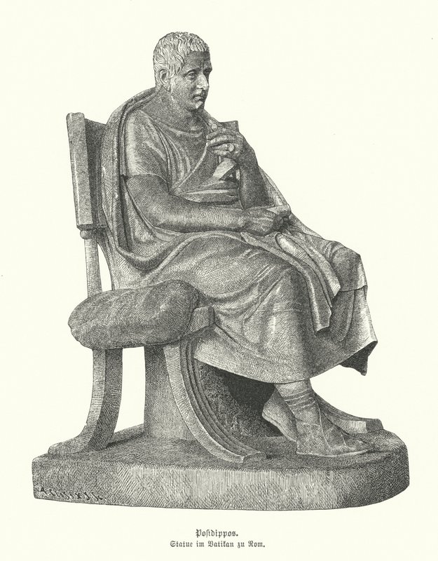 Cópia romana de uma estátua do poeta cômico grego antigo Posidippus (gravura) de German School
