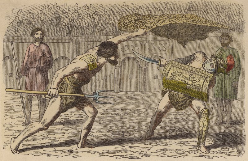 Gladiadores romanos: um reformarius lutando contra um Samnite (gravura colorida) de German School