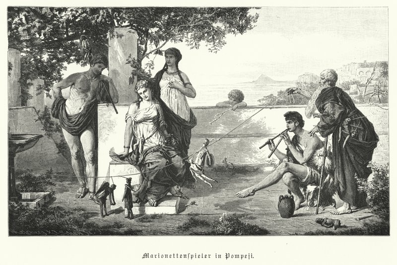 Marionetistas romanos em Pompeia (gravura) de German School