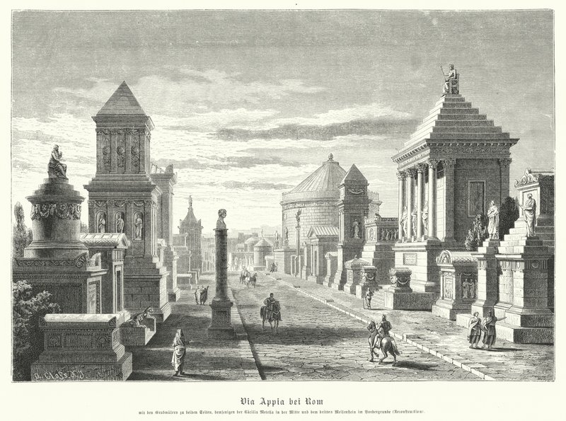 Túmulos romanos forrando a Via Ápia no marcador de três milhas (gravura) de German School