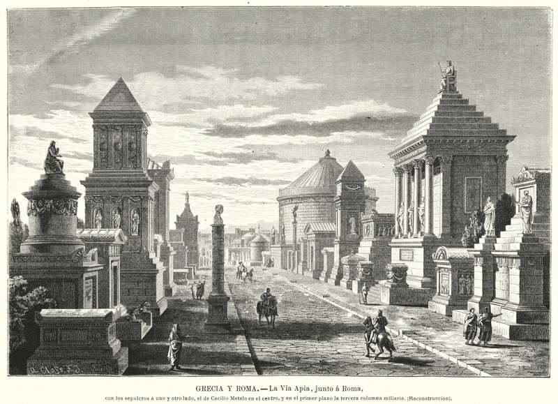 Túmulos romanos ao longo da Via Ápia no marcador de três milhas (litho) de German School