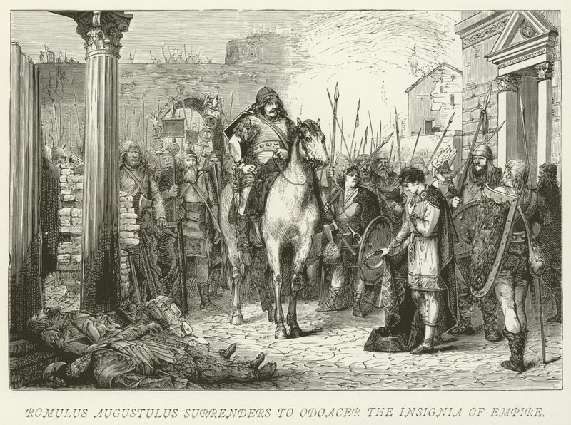 Romulus Augustulus se rende a Odoacer, a insígnia do Império de German School