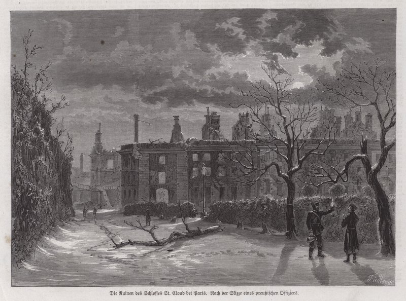 Ruínas do Castelo de Saint-Cloud, Paris, destruídas pelos bombardeamentos prussianos em 1870 durante a Guerra Franco-Prussiana (gravura) de German School