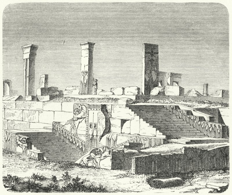 Ruínas do Palácio de Xerxes em Persepolis (gravura) de German School