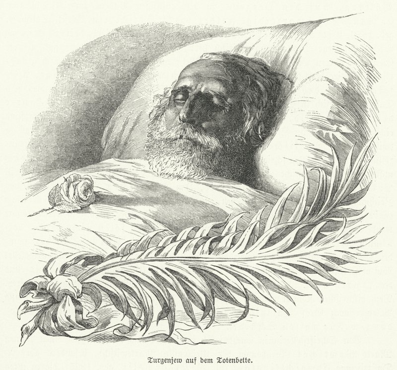 O autor russo Ivan Turgenev no seu leito de morte de German School