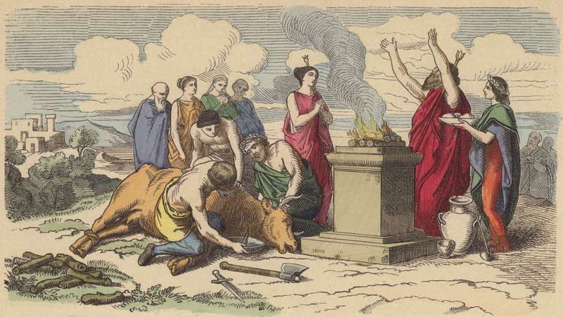 Sacrifício na Grécia Antiga (gravura a cores) de German School