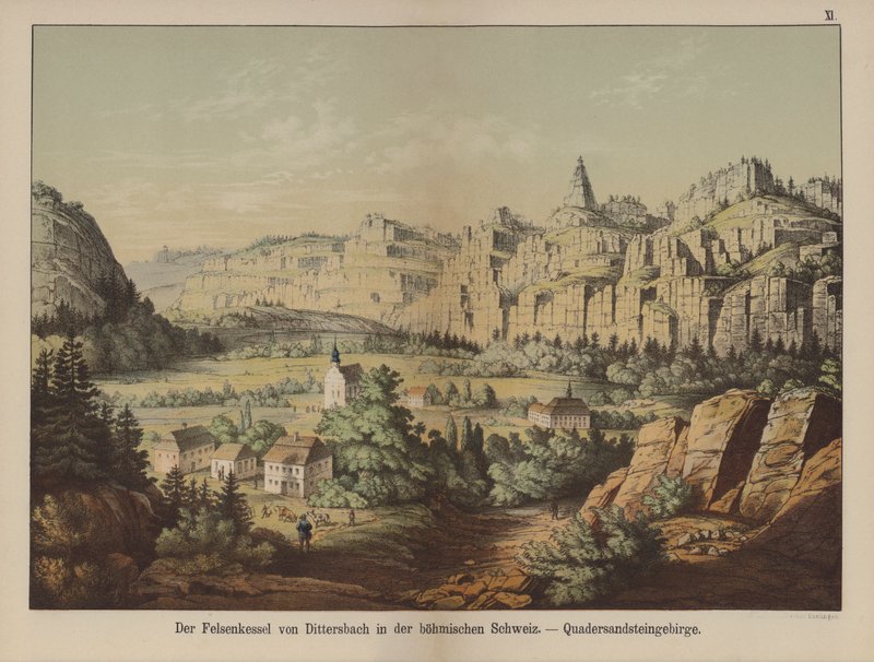 Montanhas de arenito da "Suíça boêmia", Jetrichovice (Dittersbach), República Tcheca (cor litho) de German School
