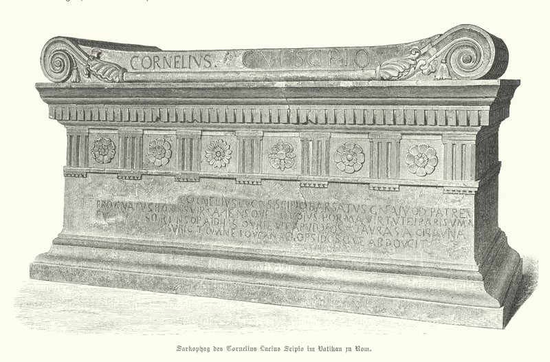 Sarcófago do soldado romano e cônsul Lucius Cornelius Scipio Barbatus no Vaticano, Roma (gravura) de German School