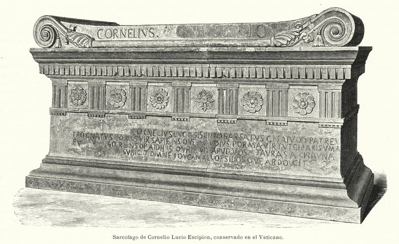 Sarcófago do soldado romano e cônsul Lucius Cornelius Scipio Barbatus no Vaticano, Roma (litho) de German School