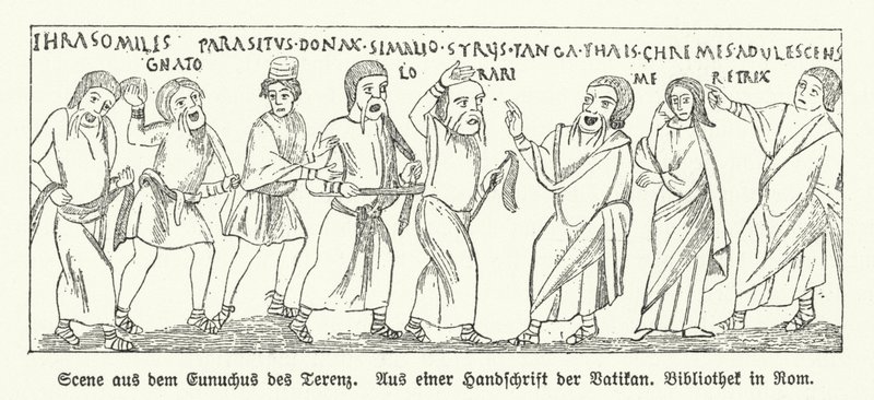 Cena de Eunuchus (O Eunuco), comédia do dramaturgo romano Terence (litho) de German School
