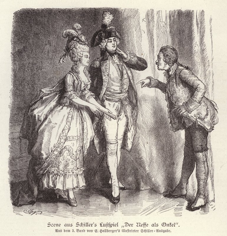 Cena da comédia de Friedrich Schiller Der Neffe als Onkel (O Sobrinho como Tio) (gravura) de German School