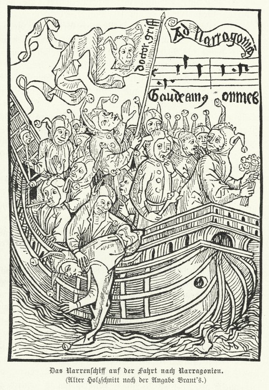 Cena da alegoria satírica de Sebastian Brant Navio dos Tolos (gravura) de German School