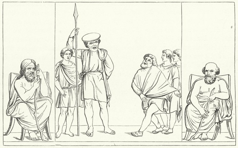 Cena de uma peça do dramaturgo romano Plautus (gravura) de German School