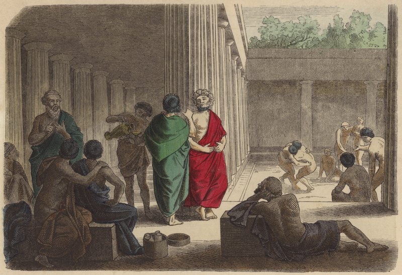 Cena em um ginásio na Grécia Antiga (gravura colorida) de German School