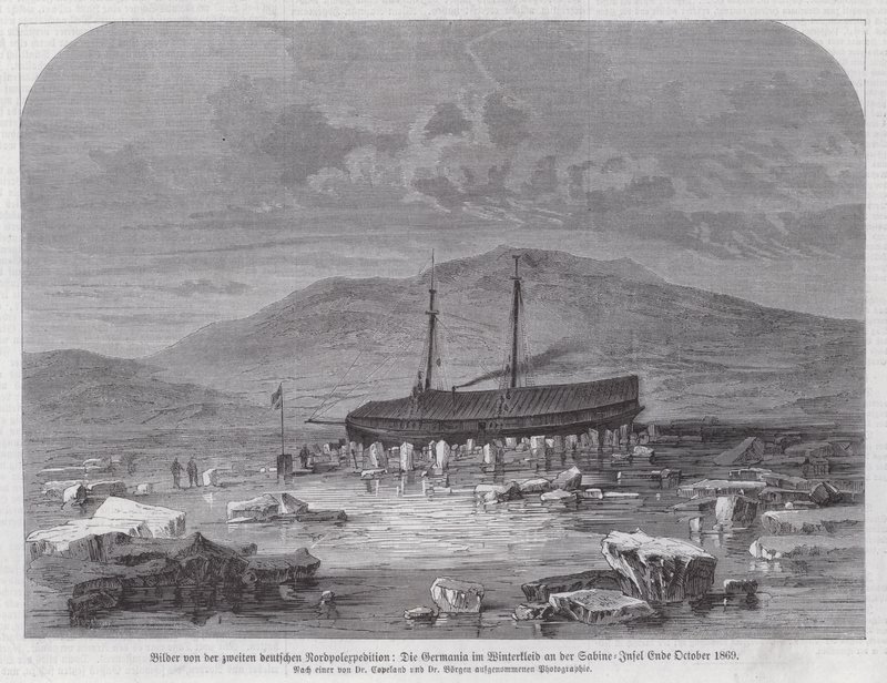Escuna Germania na Ilha Sabine, ao largo da costa leste da Gronelândia, segunda Expedição Polar Norte Alemã, final de Outubro de 1869 (gravura) de German School