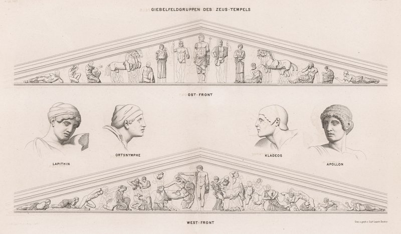 Esculturas dos pedimentos do Templo de Zeus, Olympia, Grécia (gravura) de German School