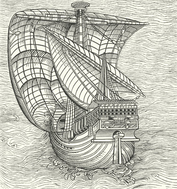 Navio de mar que navega com o vento (gravura) de German School