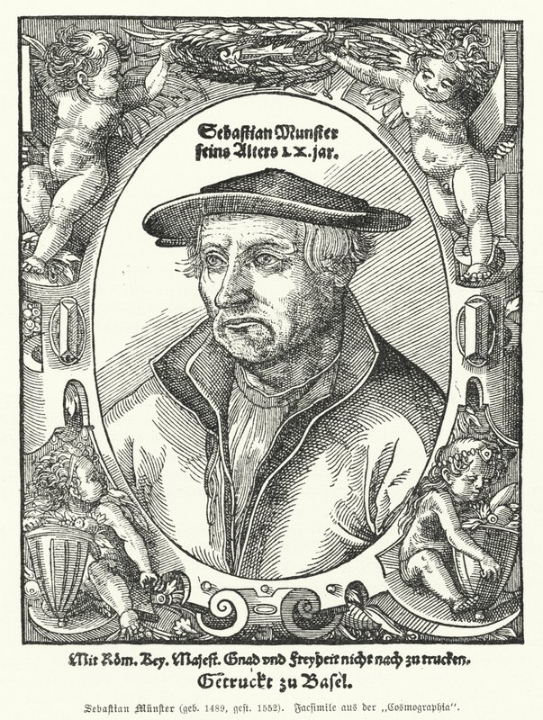 Sebastian Muenster, cartógrafo alemão, cosmógrafo e autor de Cosmographia, a mais antiga obra que descreve o mundo em alemão (gravura) de German School
