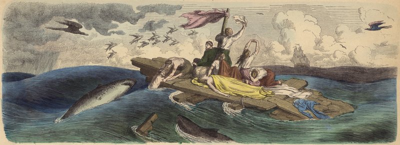 Náufragos sobreviventes à deriva numa jangada no Mar do Sul (gravura colorida) de German School