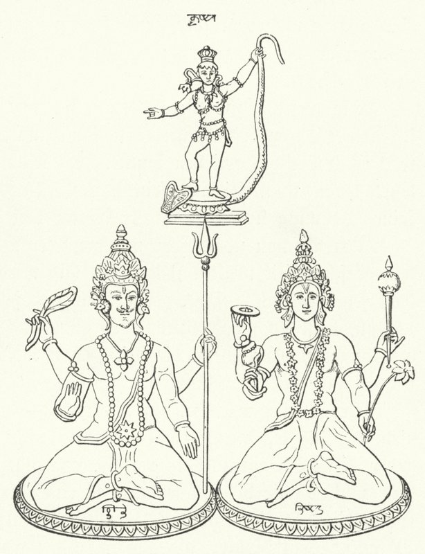 Shiva, Vishnu e Krishna, deuses hindus (gravura) de German School