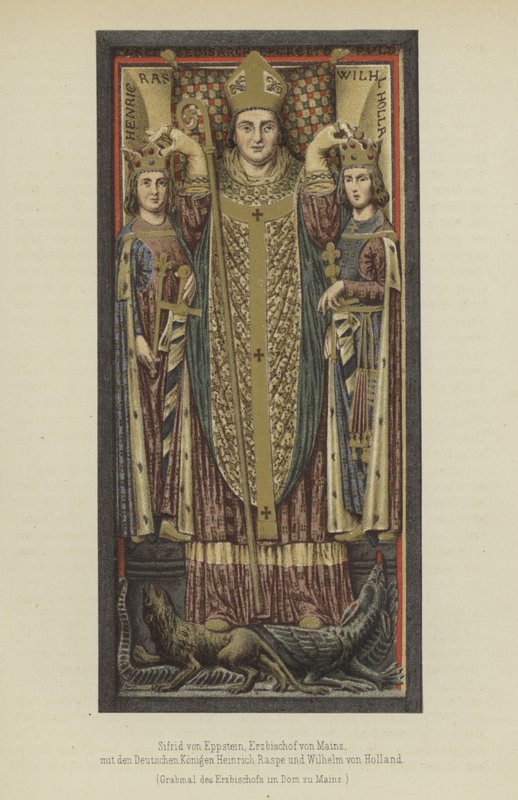Siegfried von Eppstein, Arcebispo de Mainz de 1230 a 1249, com os reis alemães Henry Raspe, Landgrave da Turíngia, e Guilherme II da Holanda, Conde da Holanda e Zeeland (cor litho) de German School