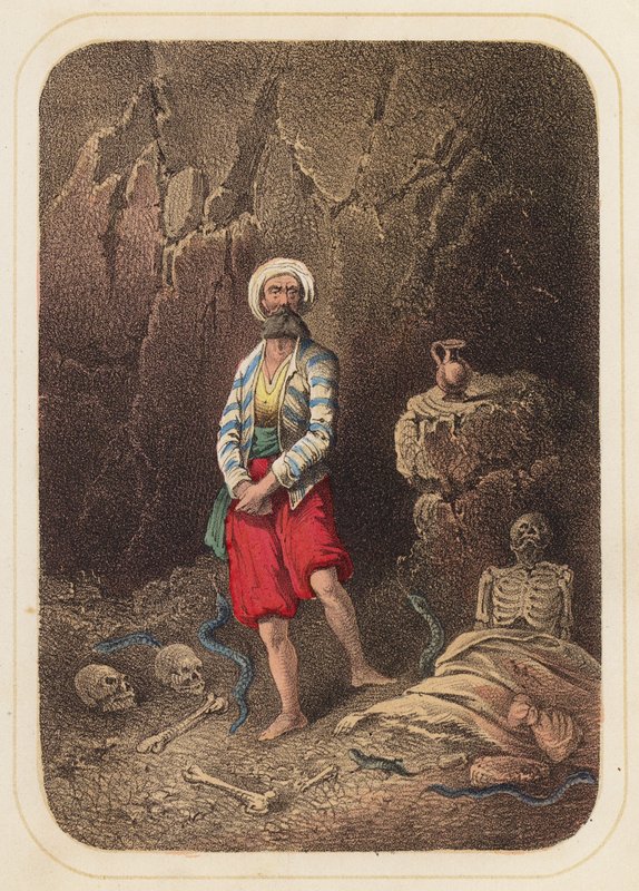 Sinbad, o Marinheiro, em cena de As Mil e Uma Noites (lito colorido) de German School