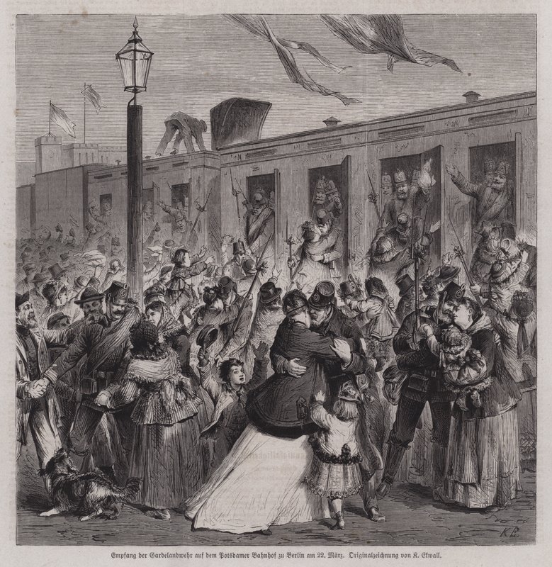 Soldados do Gardelandwehr prussiano recebidos na estação de Potsdam, Berlim, no seu regresso da Guerra Franco-Prussiana, 22 de Março de 1871 (gravura) de German School