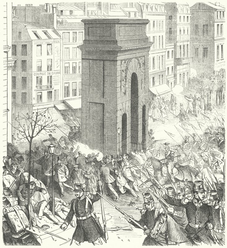 Soldados nas ruas de Paris durante o golpe de Estado francês de Dezembro de 1851 (gravura) de German School