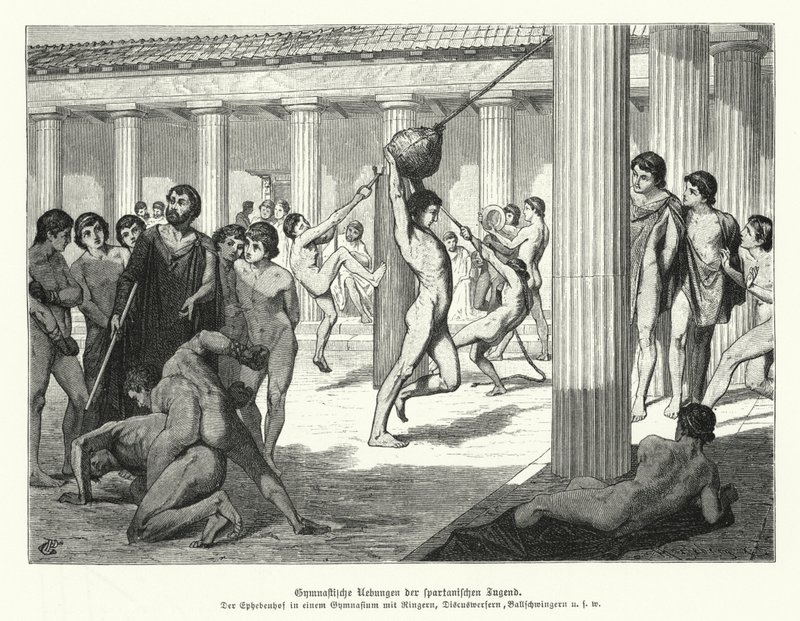 Jovens espartanos fazendo exercícios de ginástica, Grécia Antiga (gravação) de German School