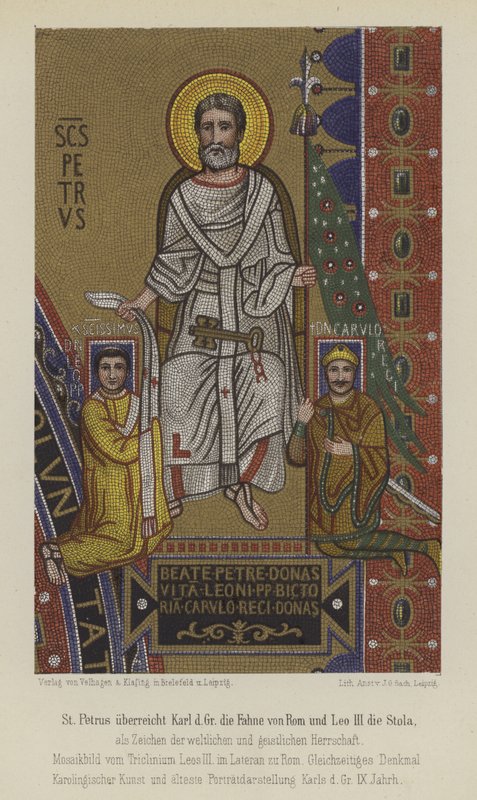 São Pedro apresenta a bandeira de Carlos Magno de Roma e o Papa Leão III a estola (cor litho) de German School